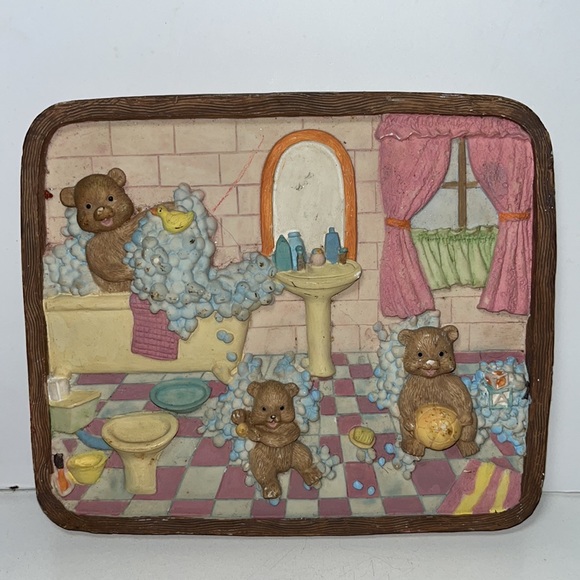 Vintage Teddy Bear Bathing Ceramic Wall Plaque 3D Textured - Picture 3 of 7